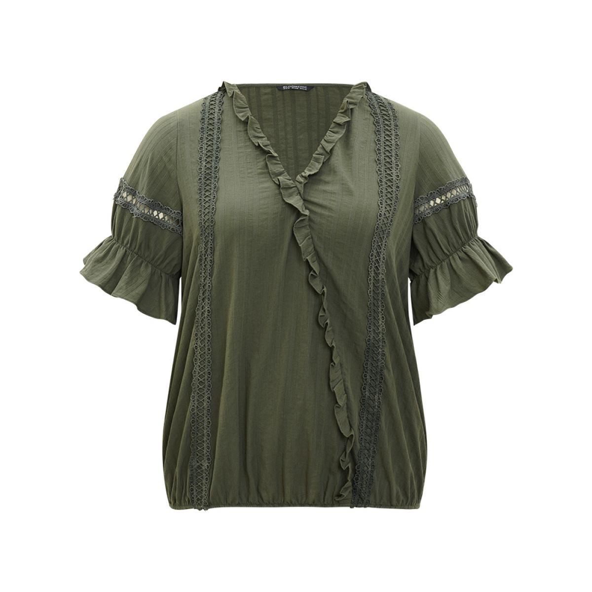 Plus Size ArmyGreen Solid Ruffle Trim Guipure Lace Elastic Hem Blouse Women Vacation Short sleeve V-neck Dailywear Blouses BloomChic 28/5X Product Image