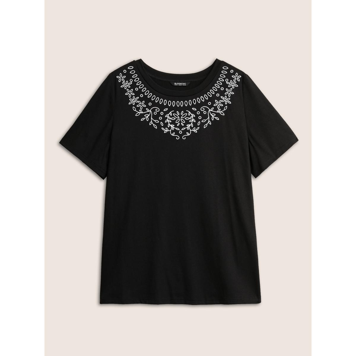 Plus Size Floral Embroidered Round Neck T-shirt Black Women Elegant Embroidered Round Neck Everyday T-shirts BloomChic 12/L Product Image