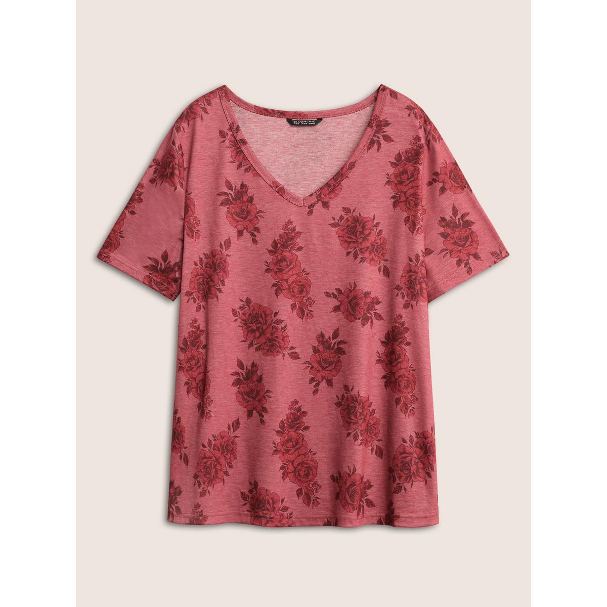 Plus Size Rose Floral Print V Neck T-shirt Rouge Women Elegant Non Floral V-neck Everyday T-shirts BloomChic 30/6X Product Image