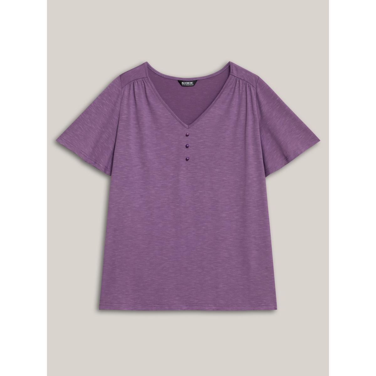 Plus Size Bamboo Textured Pleated Shoulder Button T-Shirt Mauve Women Elegant Gathered V-neck Everyday T-shirts BloomChic 22-24/3X Product Image