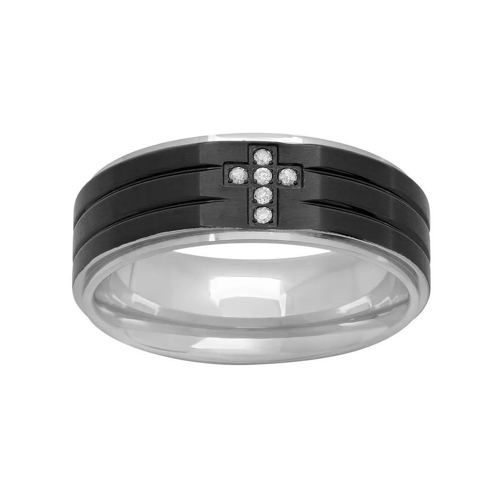 Diamond Accent Stainless Steel & Black Ion-Plated Stainless Steel Cross Grooved Band - Men, Men's, Size: 11.50, White Product Image