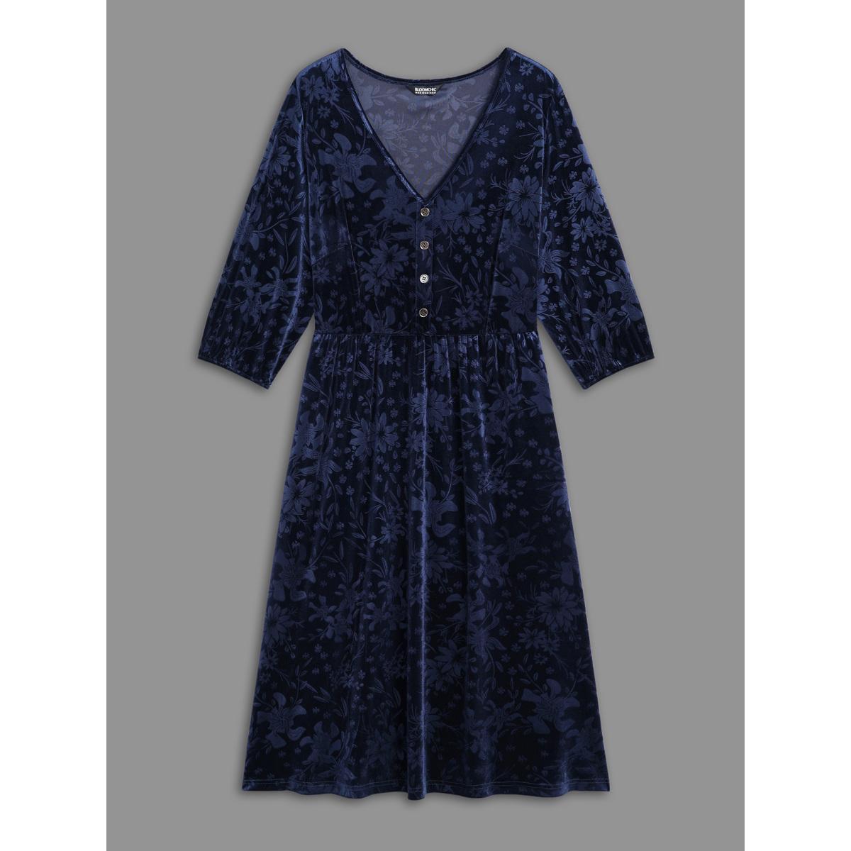 Plus Size Velvet Button Detail V-Shaped Neck Dress DarkBlue Women Cocktail Texture V-neck Elbow-length sleeve Curvy BloomChic 14-16/1X Product Image