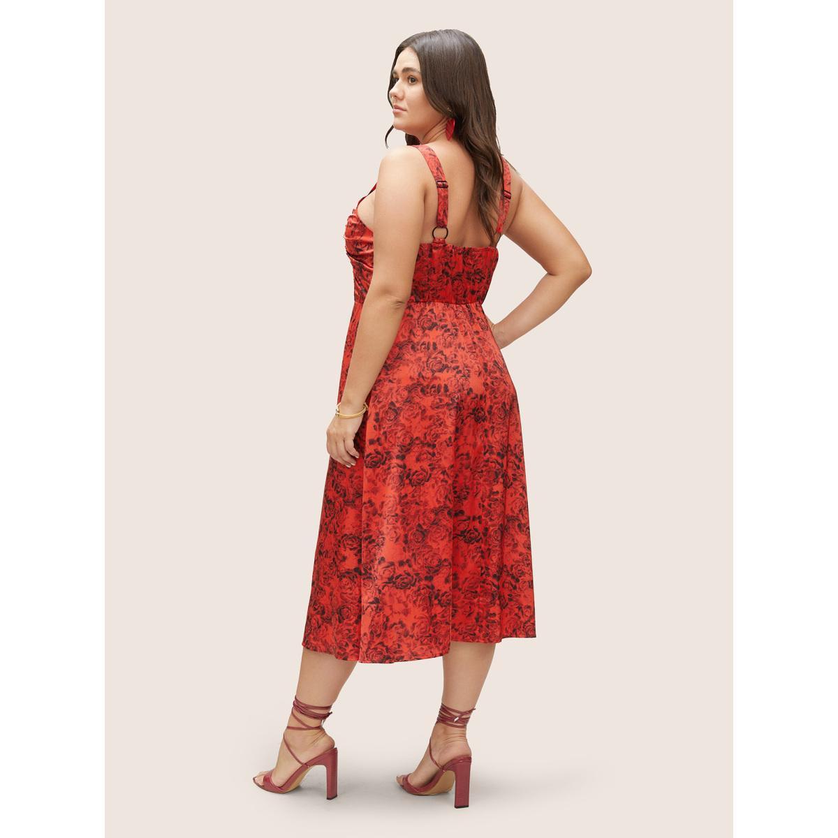 Plus Size Floral Print Ruched Detail Adjustable Straps Dress Raspberry Women Elegant Gathered Spaghetti Strap Sleeveless Curvy Midi Dress BloomChic 12/L Product Image