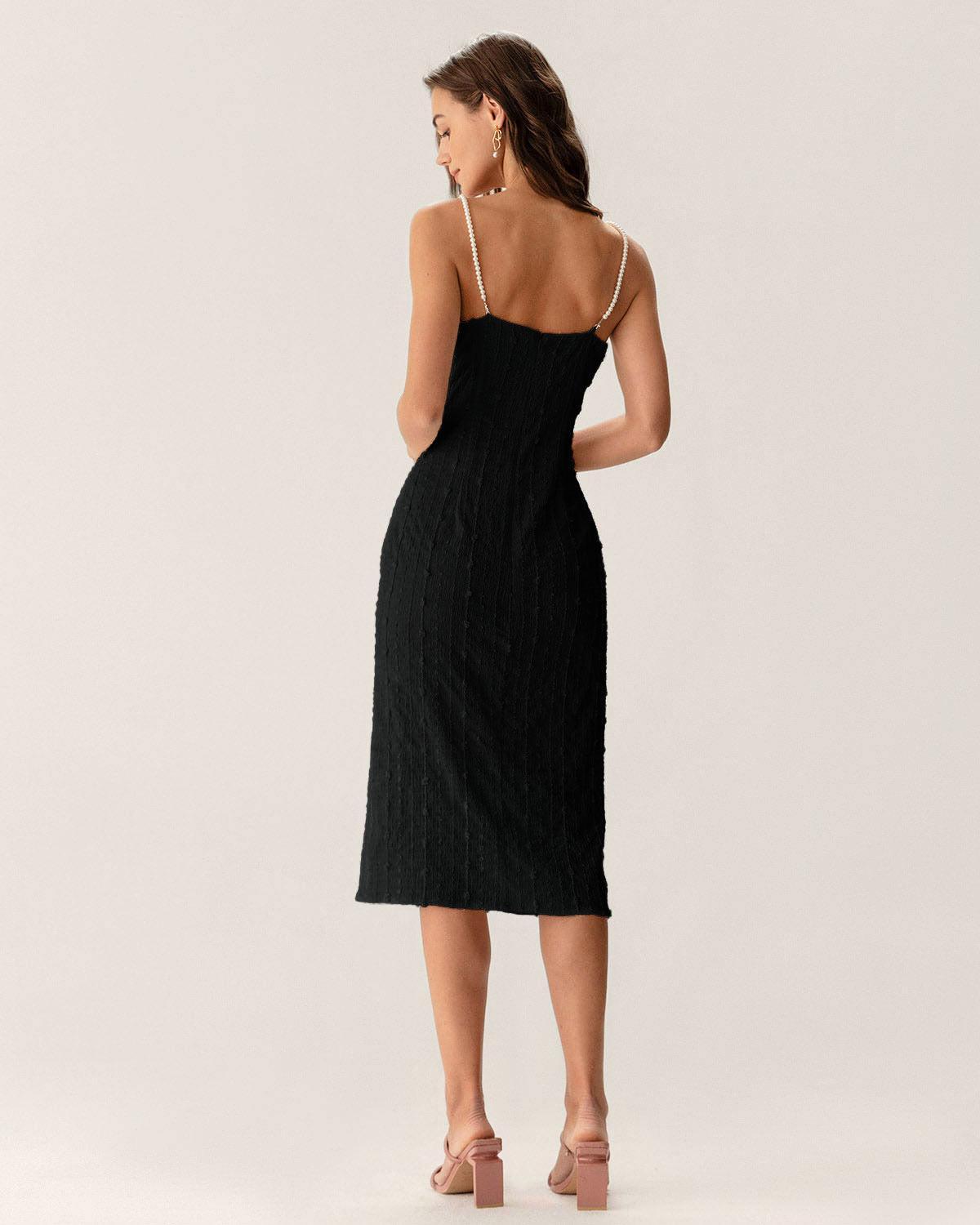 Black Textured Bodycon Beaded Strap Midi Dress Product Image