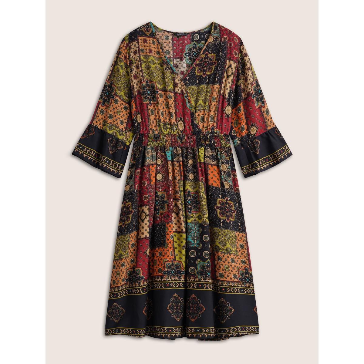 Plus Size Moroccan Print Shirred Elastic Waist Wrap Dress DarkBlue Women Resort Non Overlap Collar Elbow-length sleeve Curvy Midi Dress BloomChic 18-20/2X Product Image
