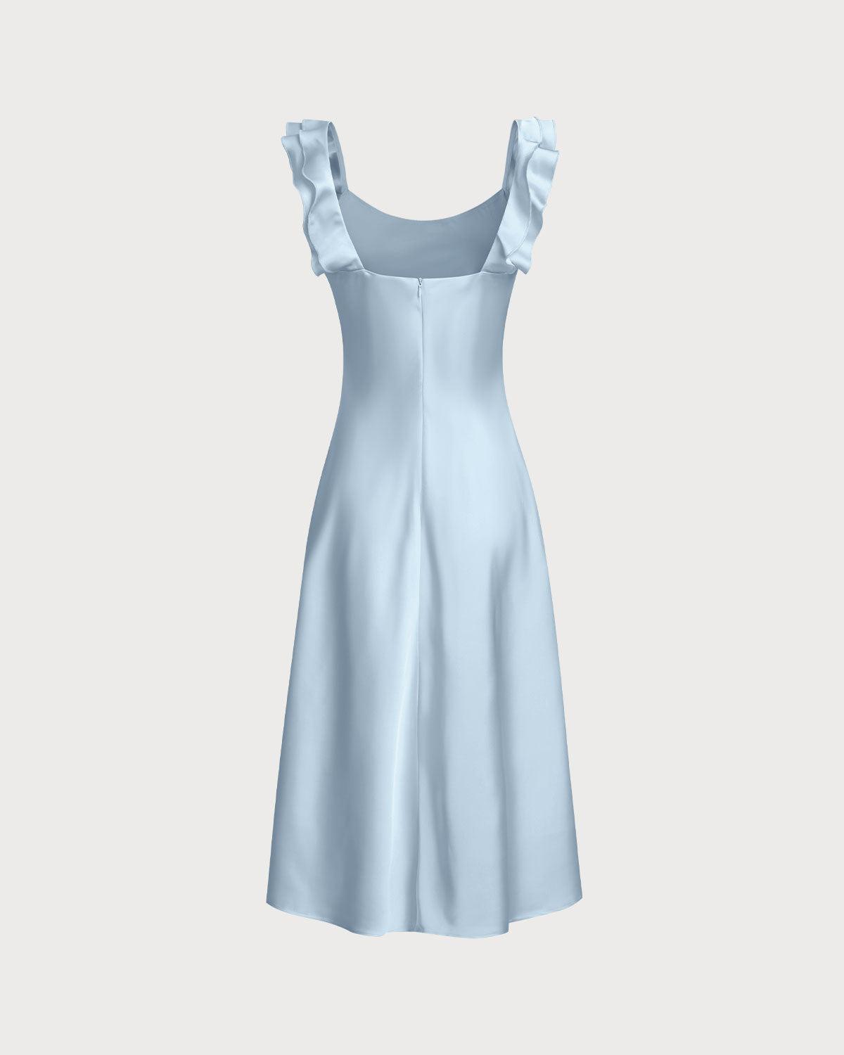 Blue Square Neck Ruffle Satin Midi Dress Product Image