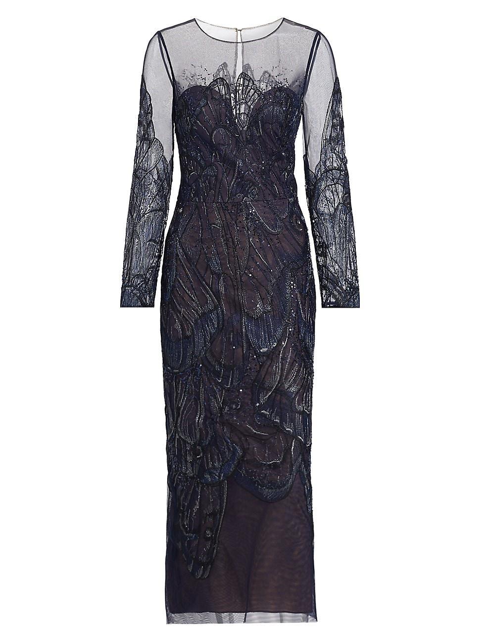 Womens Embroidered Tulle Illusion-Neck Midi-Dress Product Image