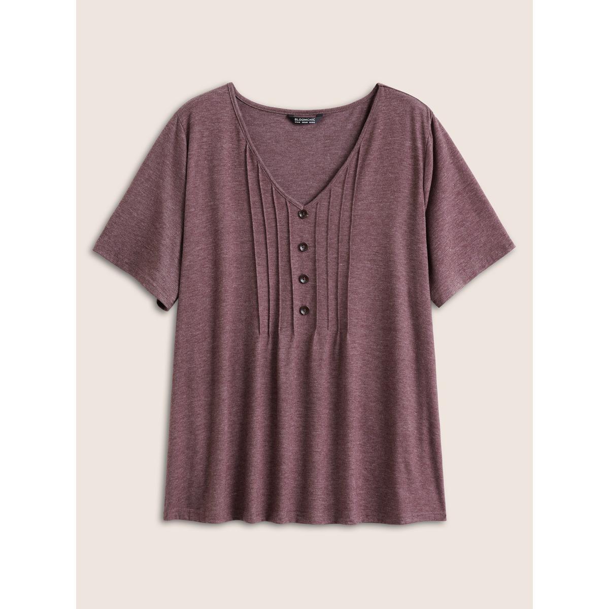 Plus Size Solid Pleated Front Button Detail V Neck T-shirt Mauve Women Casual Button Plain Everyday T-shirts BloomChic 12/L Product Image