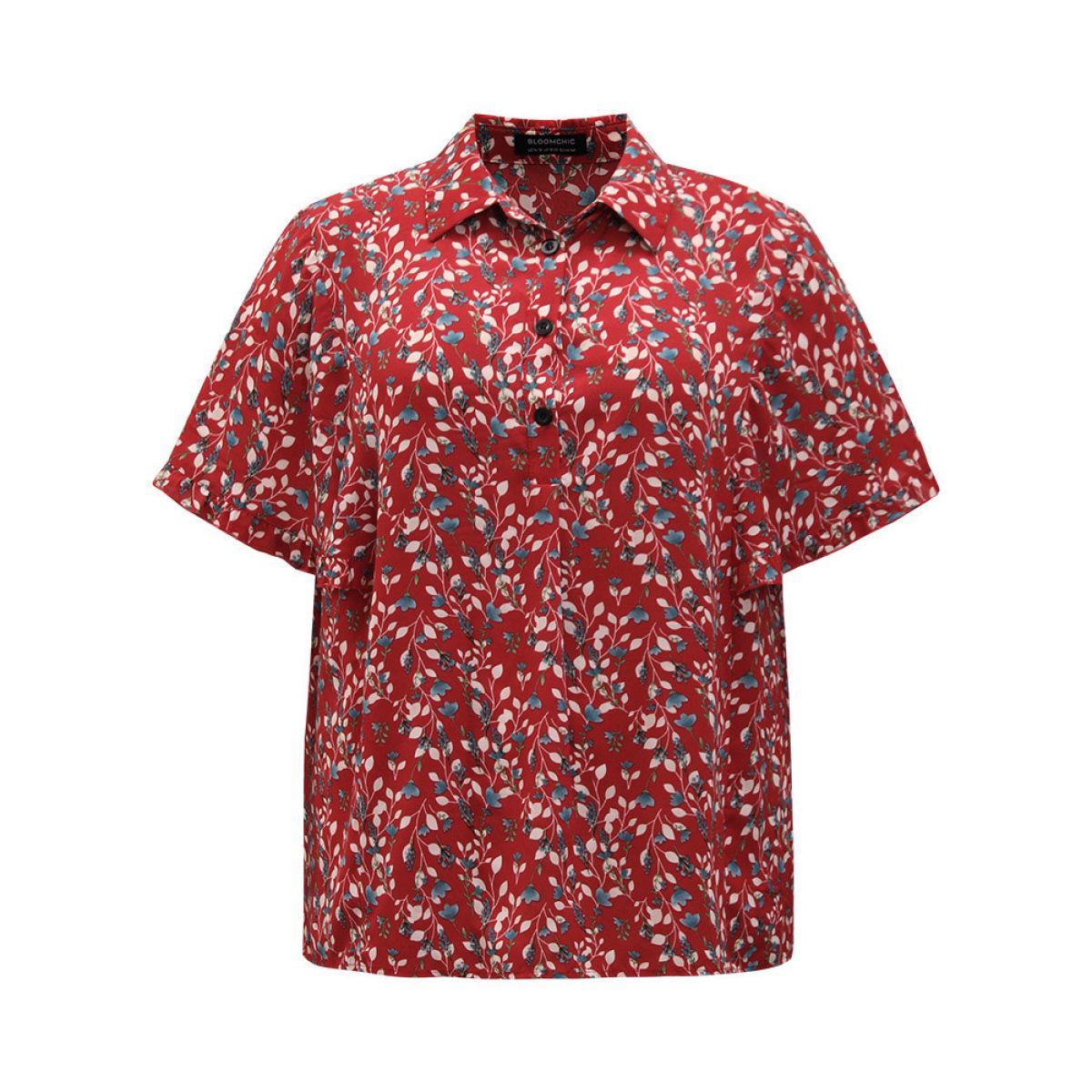 Plus Size Maroon Ditsy Floral Shirt Collar Button Through Ruffle Sleeve Blouse Women Elegant Short sleeve Shirt collar Dailywear Blouses BloomChic 14-16/1X Product Image