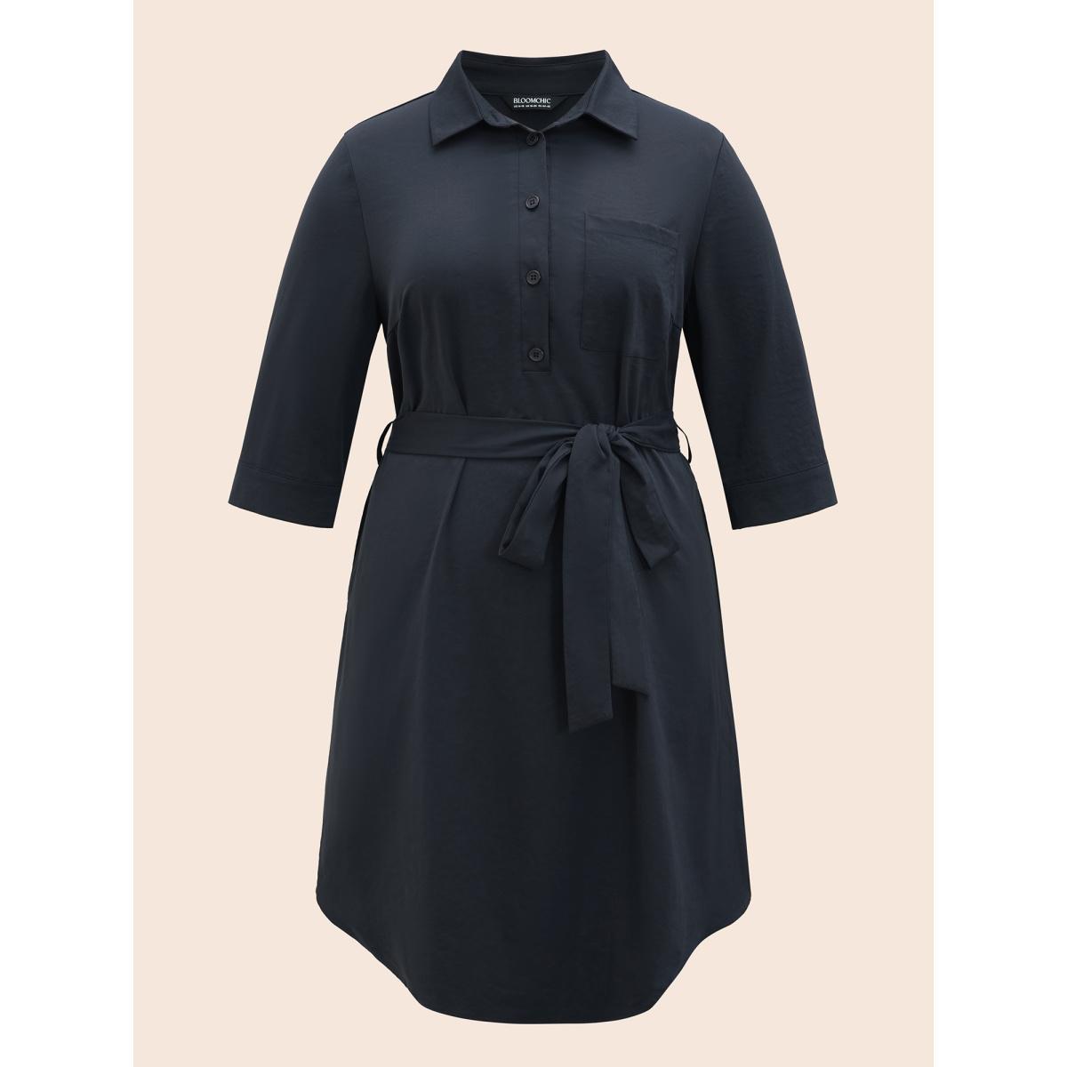 Plus Size Shirt Collar Belted Arc Hem Dress DarkBlue Women At the Office Belted Shirt collar Elbow-length sleeve Curvy BloomChic 18-20/2X Product Image