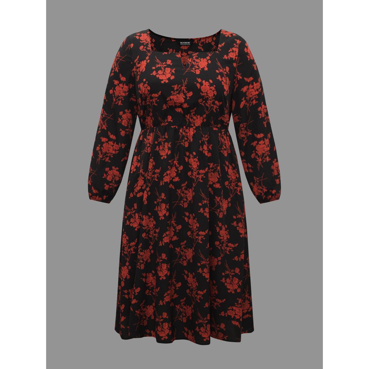 Plus Size Silhouette Floral Print Notched Dress Black Women Elegant Non Notched collar Long Sleeve Curvy BloomChic 28/5X Product Image