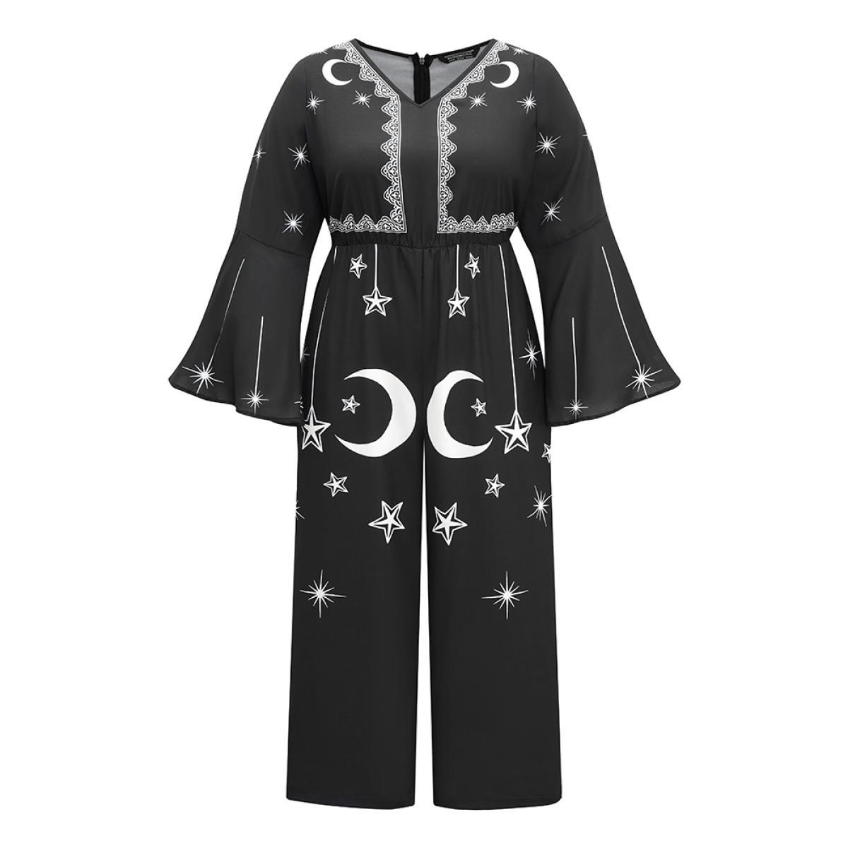 Plus Size Black Halloween Moon & Star Elastic Waist Bell Sleeve Jumpsuit Women Casual Long Sleeve V-neck Festival-Halloween Loose Jumpsuits BloomChic 12/L Product Image