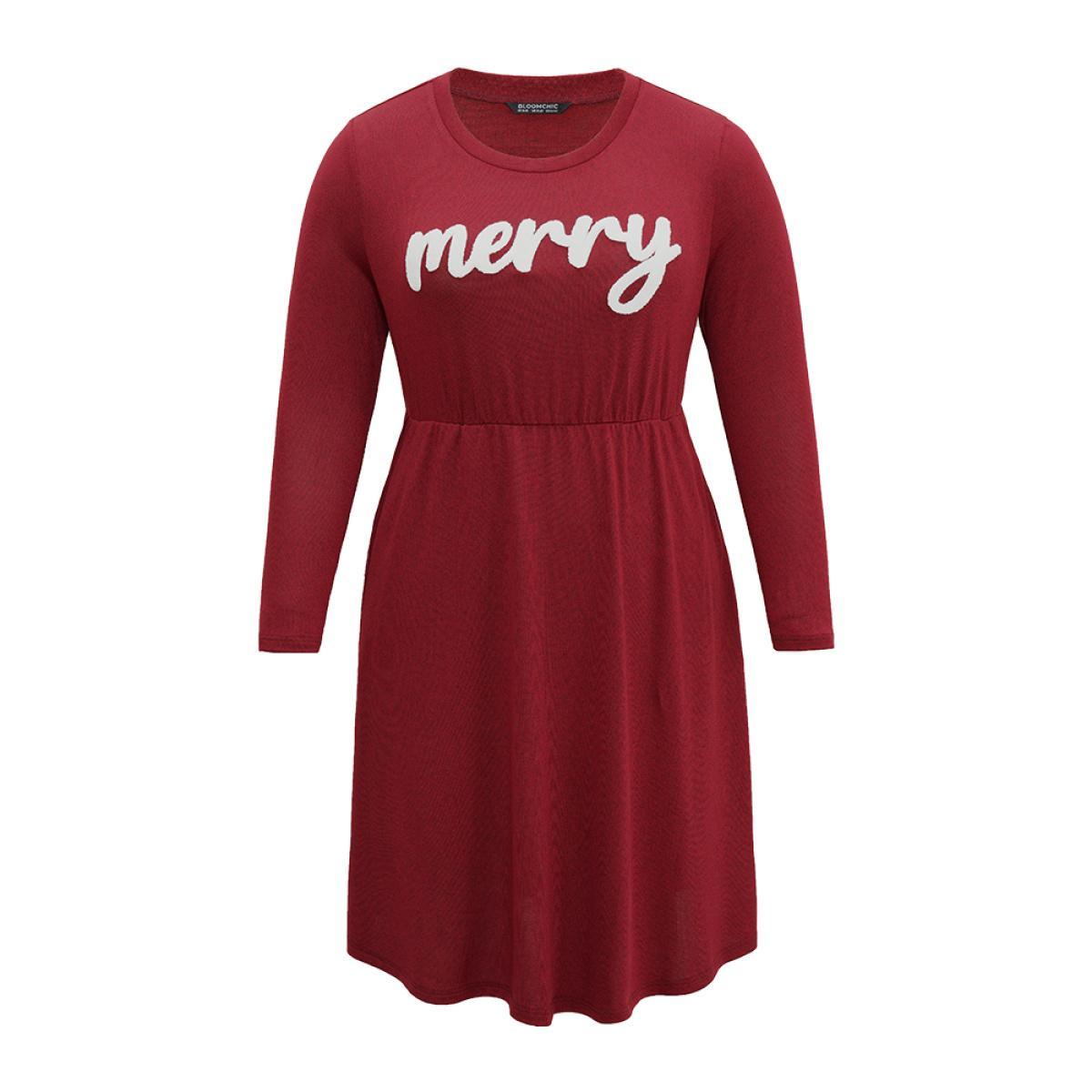 Plus Size Holiday Greetings Embroidered Pocket Elastic Waist Dress Scarlet Women Elegant Embroidered Round Neck Long Sleeve Curvy Midi Dress BloomChic 10/M Product Image