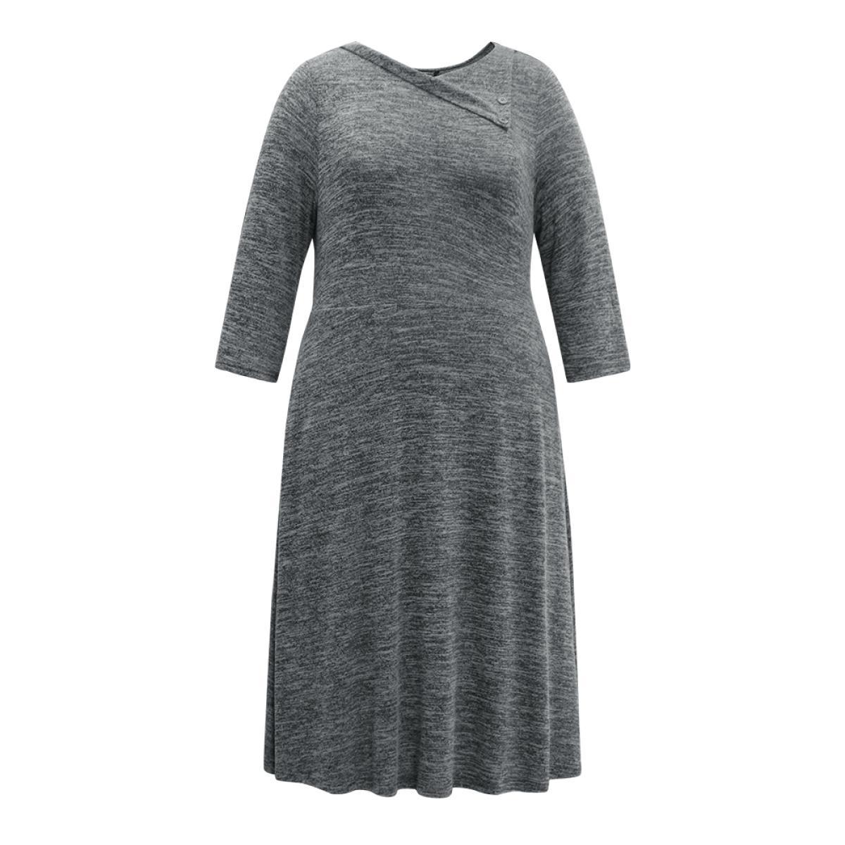 Plus Size Solid Heather Button Detail Pocket Gathered Dress Black Women Work From Home Plain Round Neck Elbow-length sleeve Curvy Midi Dress BloomChic 10/M Product Image