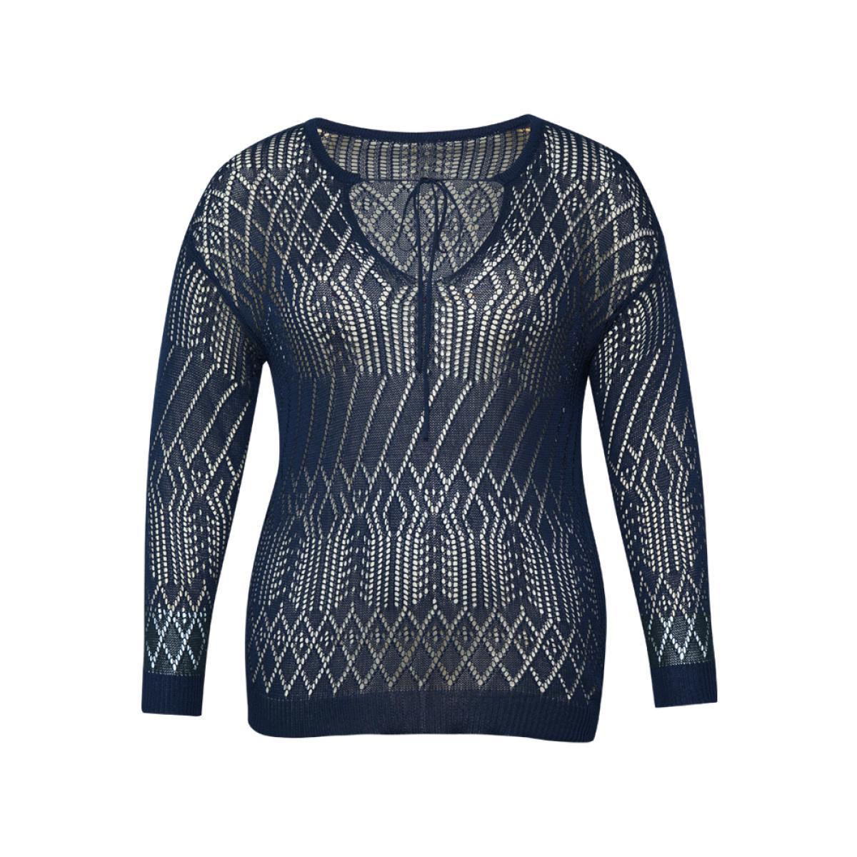 Plus Size Plain Geometric Hollow Out Knot Neck Pullover Indigo Women Casual Long Sleeve V-neck Everyday Pullovers BloomChic 26/4X Product Image