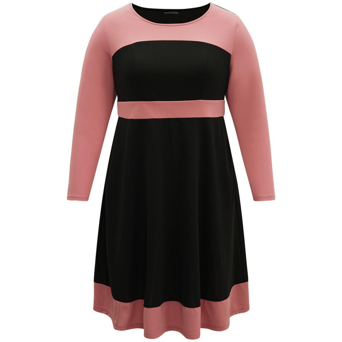 Plus Size Colorblock Contrast Ruffle Hem Dress Black Women Office Contrast Round Neck Long Sleeve Curvy Midi Dress BloomChic 14-16/1X Product Image