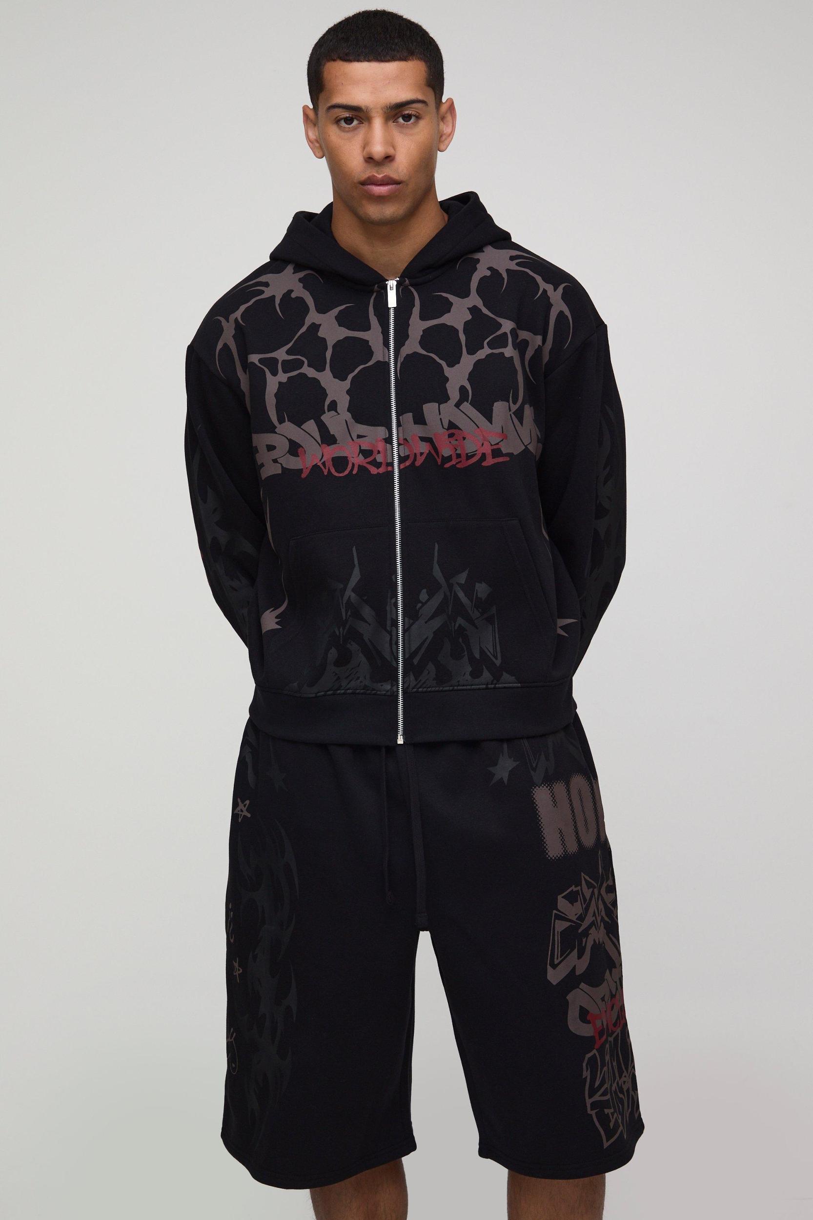 Oversized Boxy All Over Print Jort Zip Through Tracksuit | boohooMAN USA Product Image