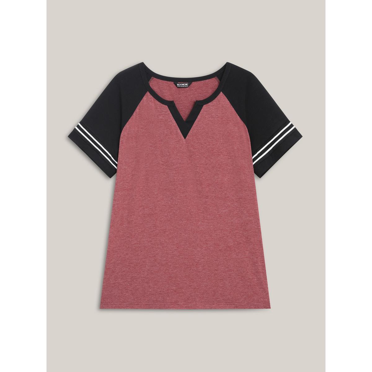 Plus Size Color Contrast Split Neck Everyday T-Shirt Scarlet Women Casual Contrast Notched collar Everyday-Casual T-shirts BloomChic 26/4X Product Image