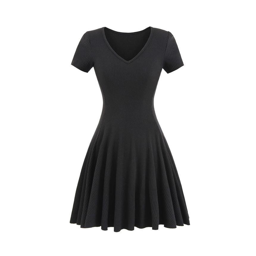 Short-Sleeve V-Neck Plain Ribbed Mini A-Line Dress Product Image