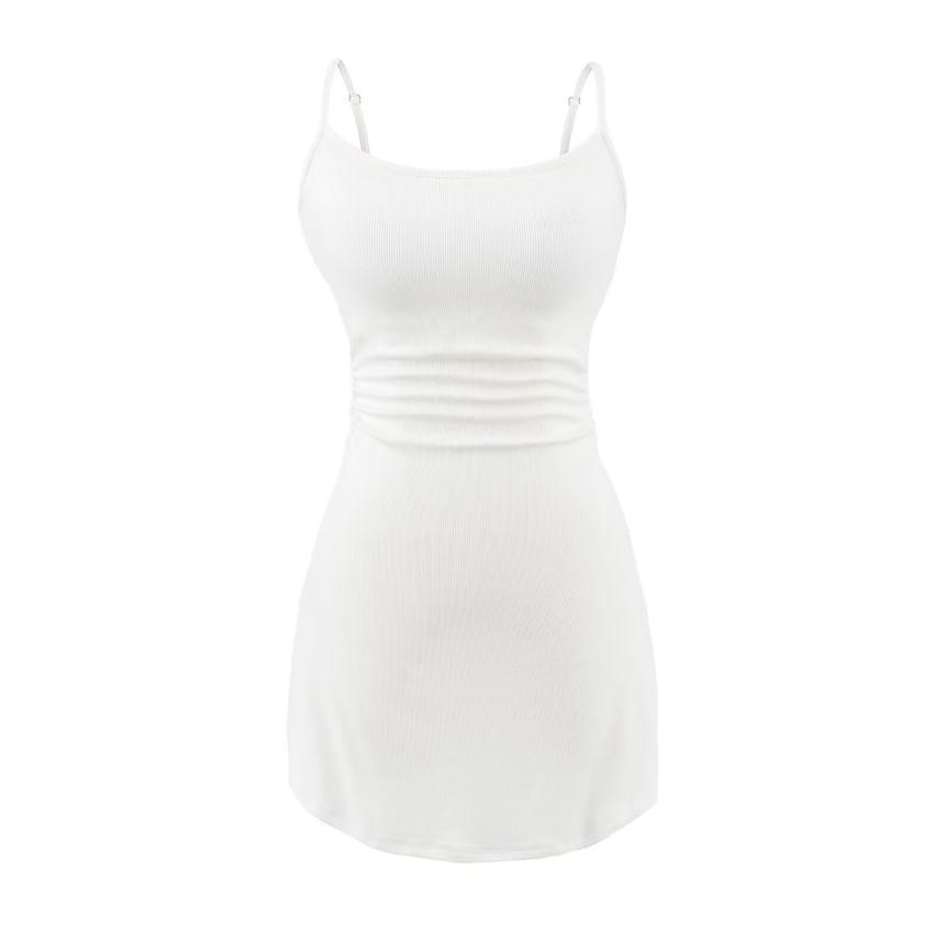 Spaghetti Strap Scoop Neck Plain Ruched Mini A-Line Dress Product Image