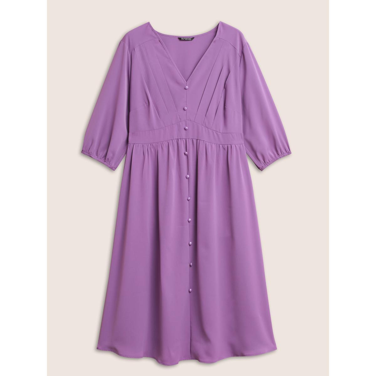 Plus Size Solid Patchwork Pleated Button Detail Dress Mauve Women At the Office Non V-neck Elbow-length sleeve Curvy Midi Dress BloomChic 22-24/3X Product Image