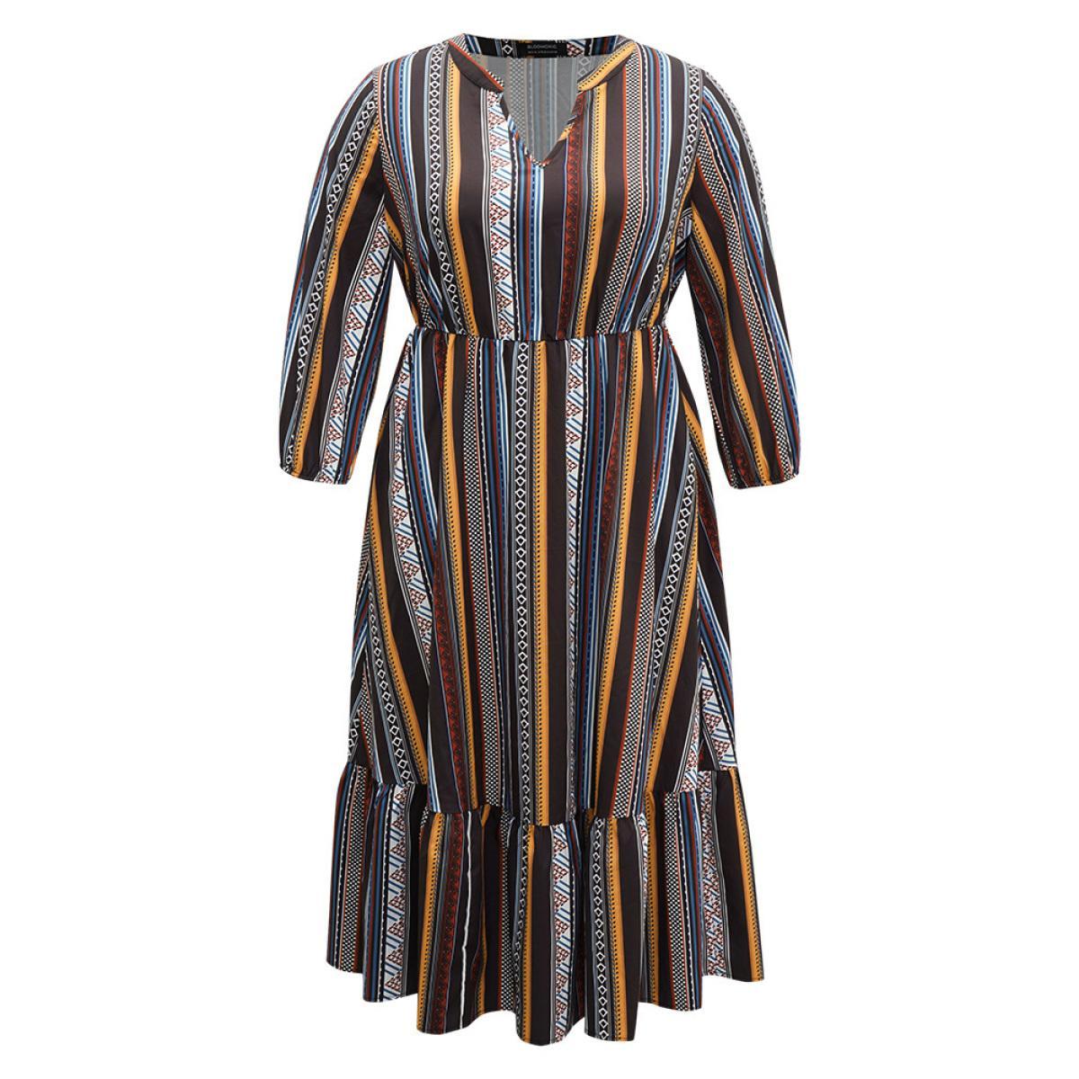Plus Size Bandana Print Notched Ruffle Layered Hem Dress Black Women Resort Elastic cuffs Notched collar Long Sleeve Curvy Midi Dress BloomChic 12/L Product Image