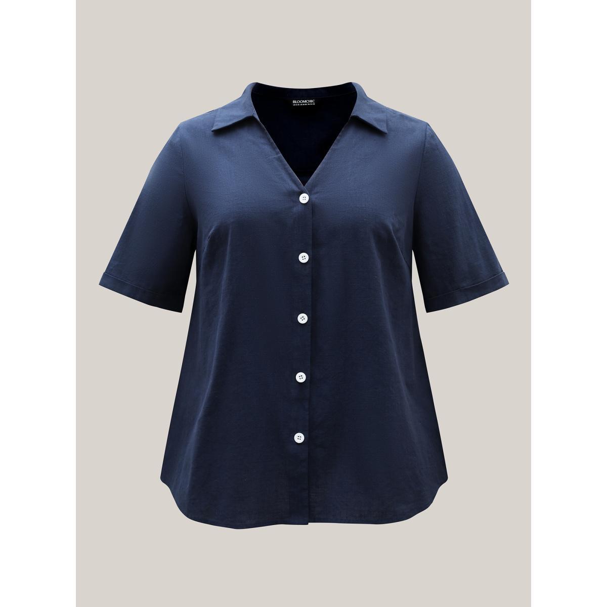 Plus Size Indigo Cotton Collar Button Placket Blouse Women Half Sleeve Shirt collar Everyday-Casual Blouses BloomChic 22-24/3X Product Image