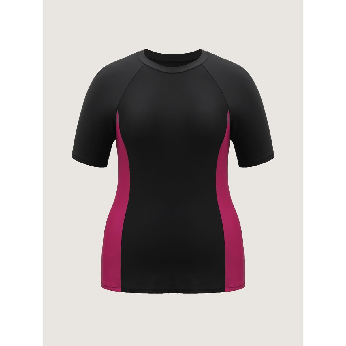 Plus Size Color Block Sculpted Raglan Swim Top Women's Swimwear RedViolet Beach High stretch Skinny Round Neck Curve Swim Tops BloomChic 12/L Product Image