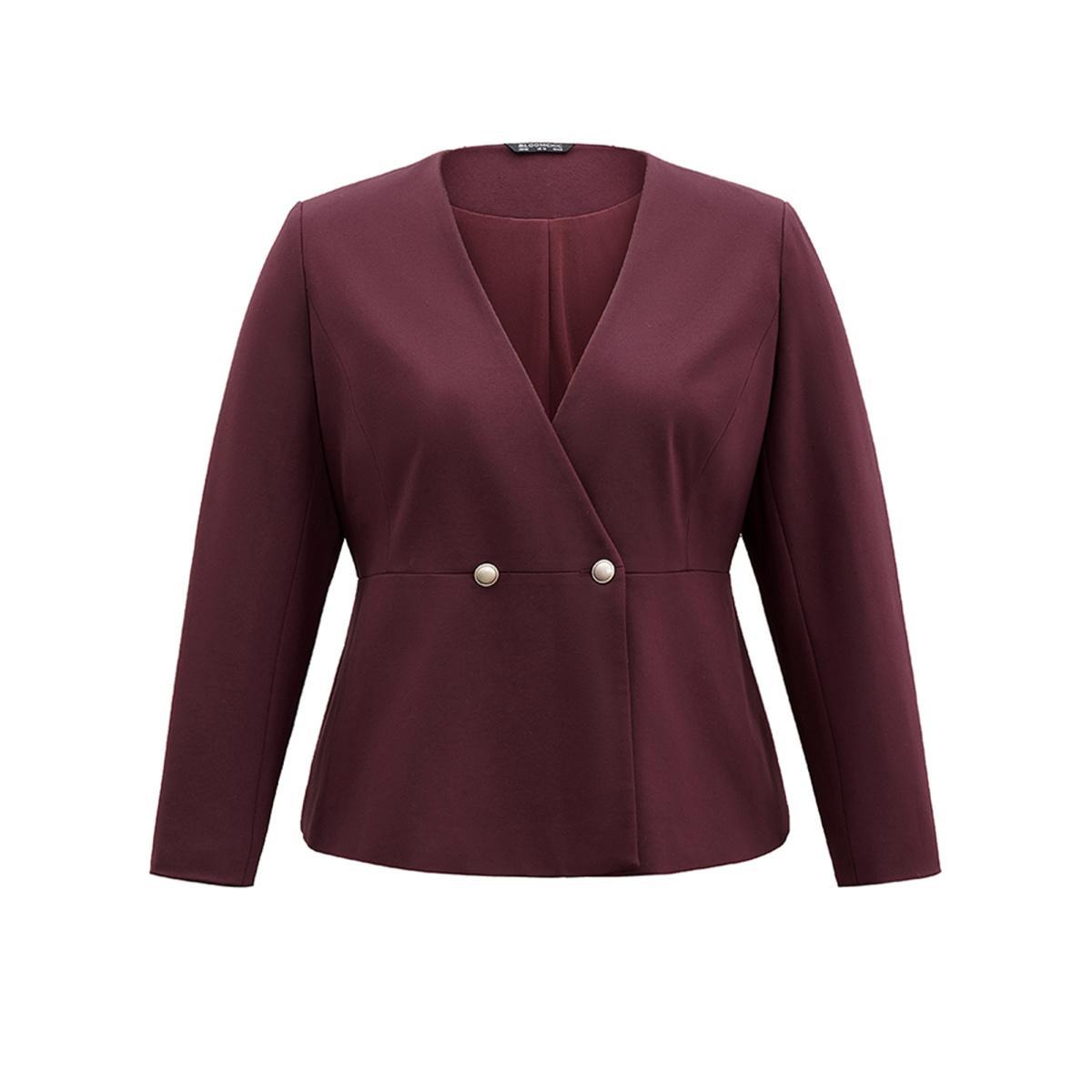 Plus Size Plain Deep V Neck Buckle Detail Blazer Burgundy Women Work Plain Sleeve Long Sleeve Deep V-neck 10/M Office Blazers BloomChic Product Image
