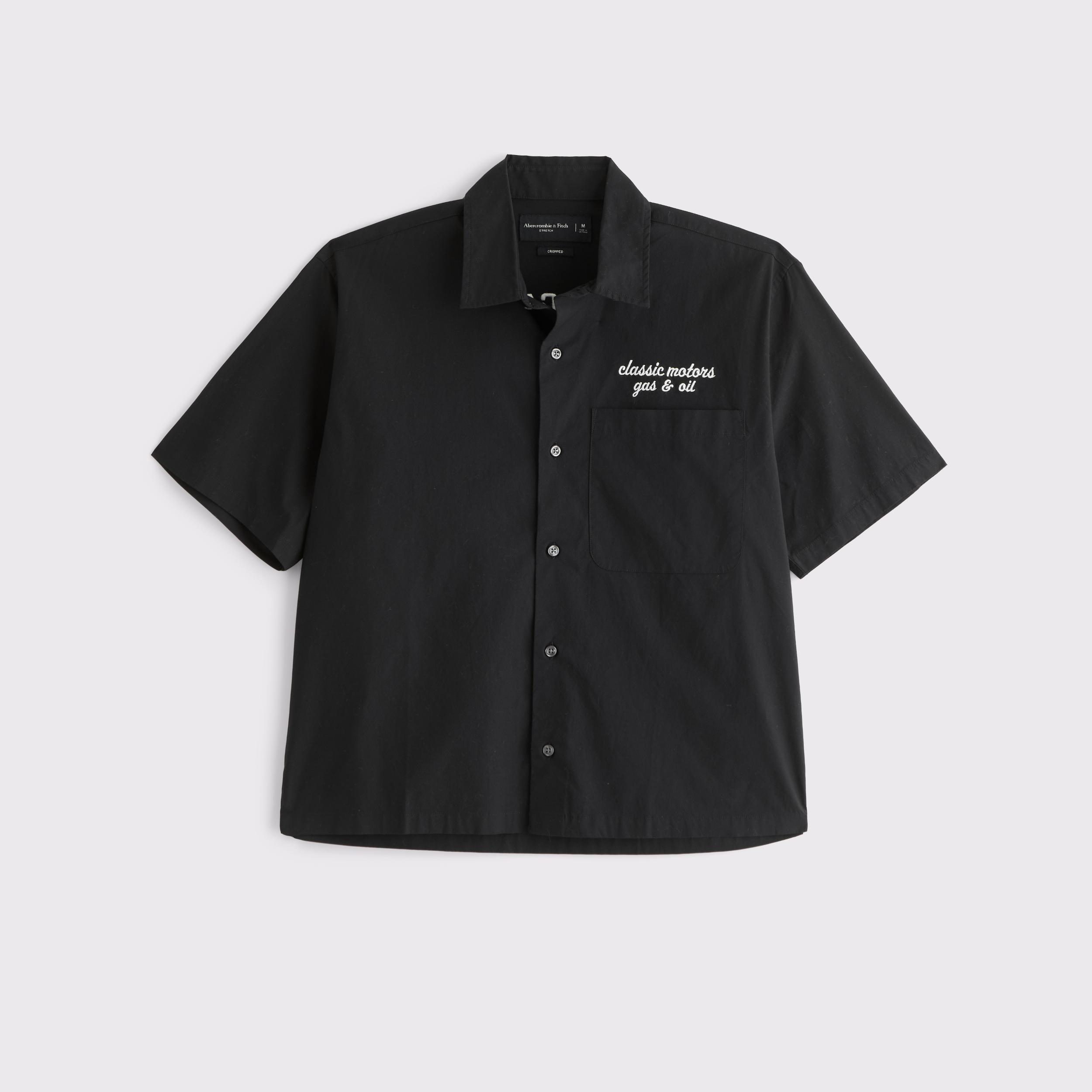 Short-Sleeve Cropped Poplin Graphic Button-Up Shirt Product Image