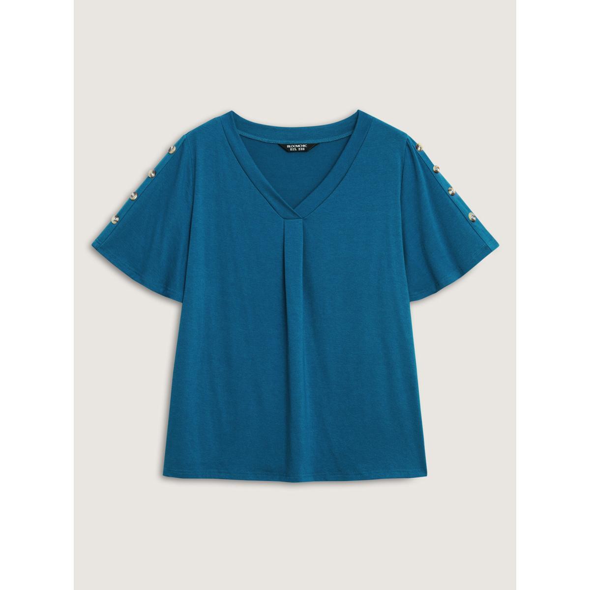Plus Size Supersoft Bust-Friendly Pleated T-Shirt Aegean Women Button V-neck Everyday-Casual T-shirts BloomChic 22-24/3X Product Image