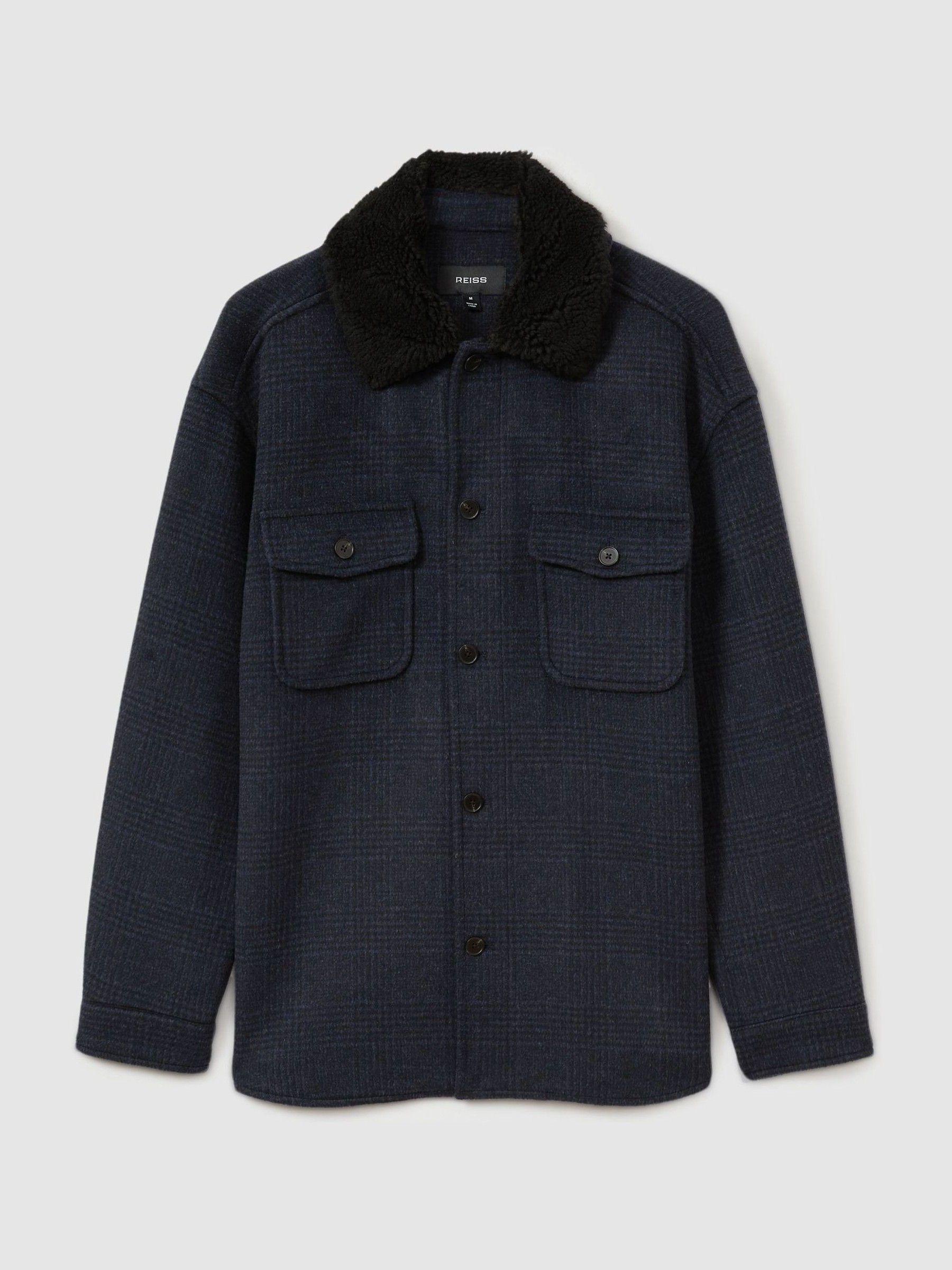 Wool-Blend Fleece Collar Overshirt in Navy Product Image