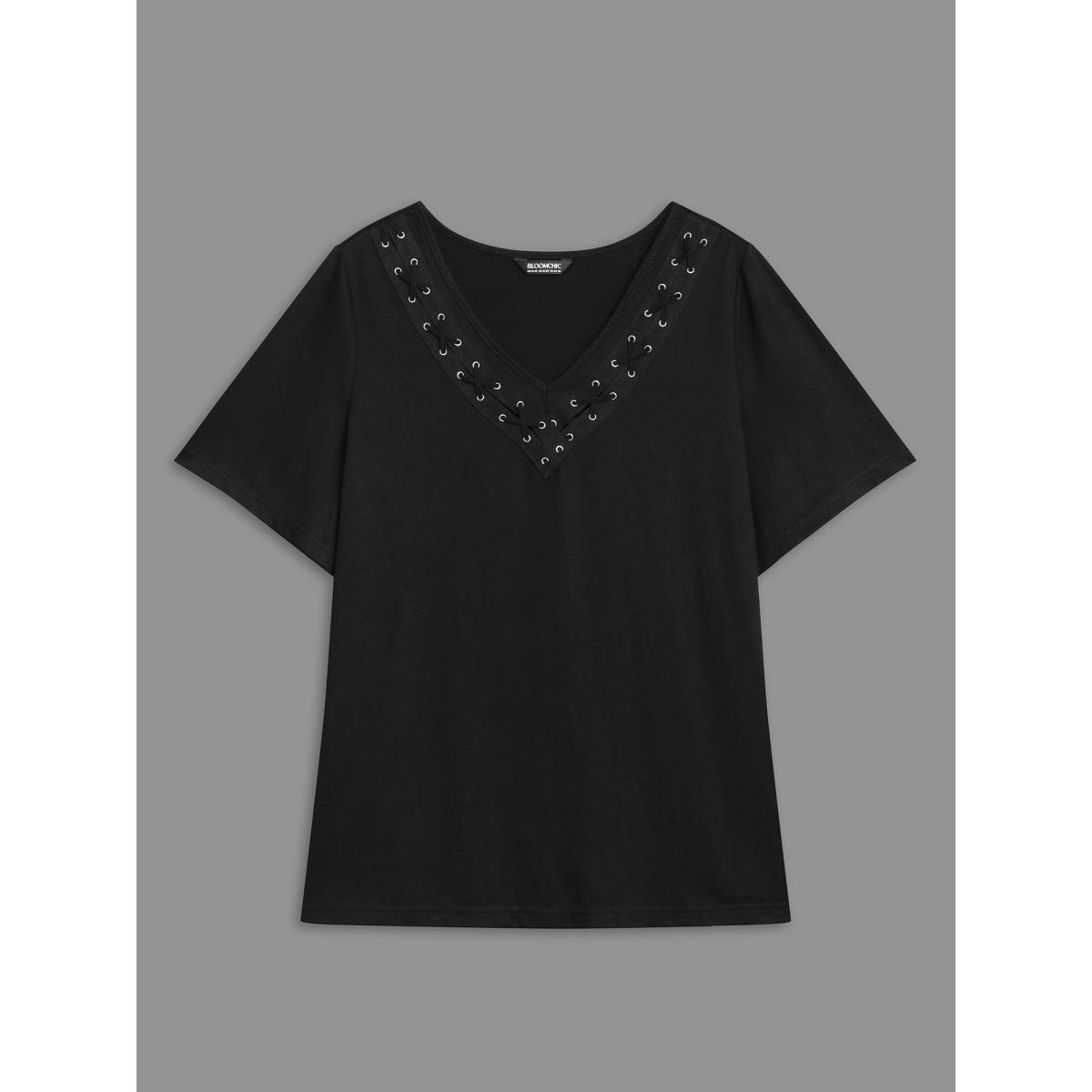 Plus Size Stretchy V-Neck Hollow Fitted T-Shirt Black Women Casual Eyelet V-neck Everyday T-shirts BloomChic 22-24/3X Product Image