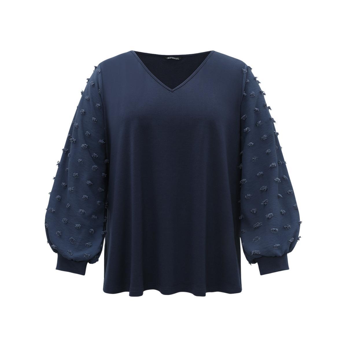 Plus Size Solid V Neck Patchwork Elastic Cuffs Sweatshirt Women Blue Elegant Elastic cuffs V-neck Dailywear Sweatshirts BloomChic 26/4X Product Image