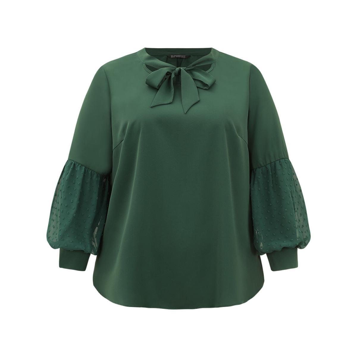 Plus Size DarkGreen Knot Neck Lace Patchwork Lantern Sleeve Blouse Women Office Long Sleeve Tie Neck Work Blouses BloomChic 14-16/1X Product Image