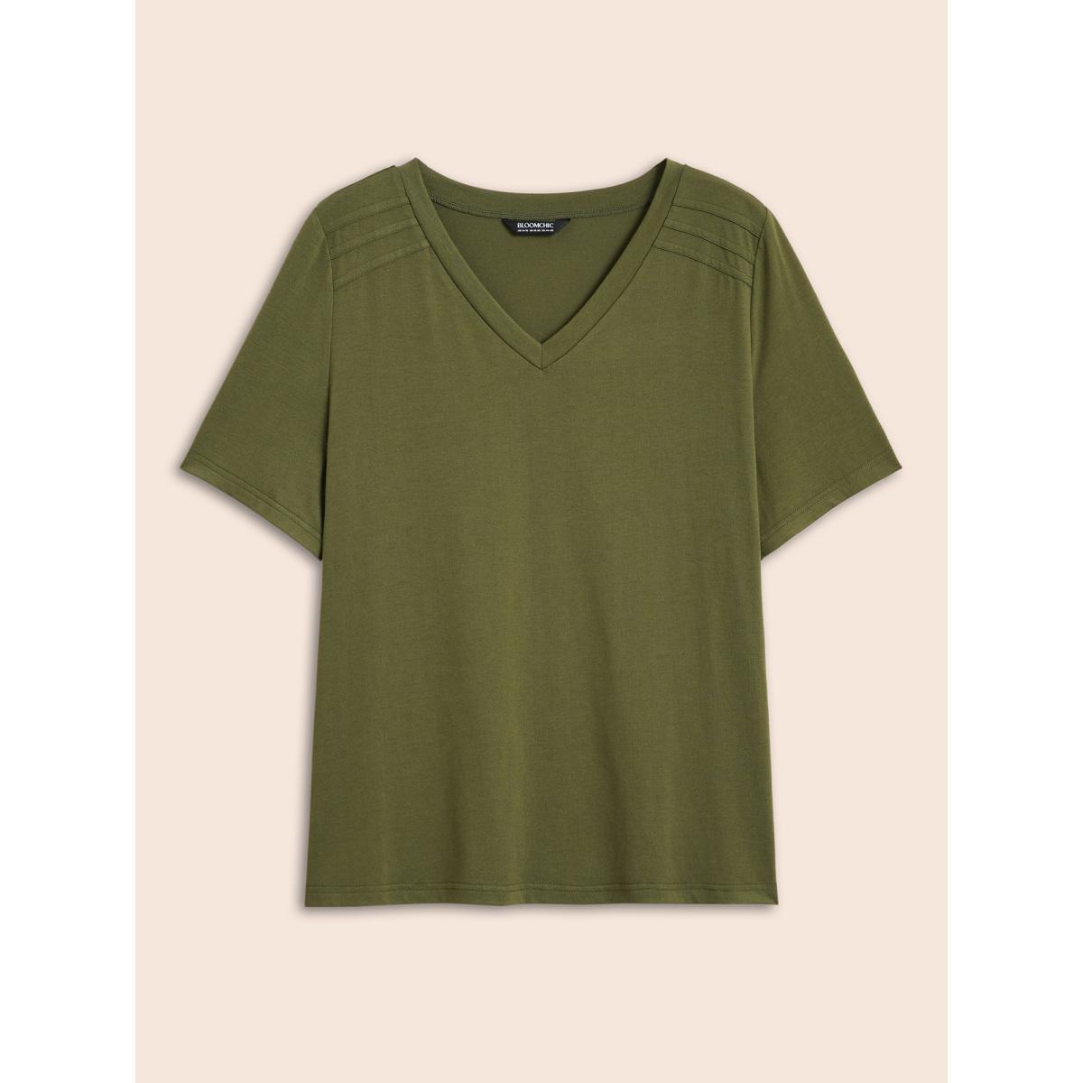 Plus Size V Neck Pleated Stretchy T-shirt ArmyGreen Women Casual Pleated V-neck Everyday T-shirts BloomChic 12/L Product Image