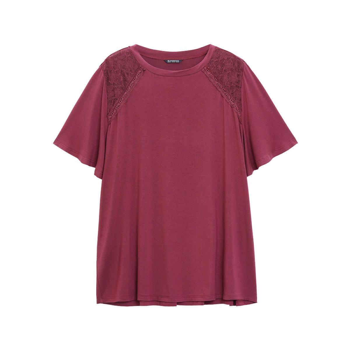 Plus Size Solid Lace Patchwork Flutter Sleeve T-shirt Scarlet Women Elegant Patchwork Plain Round Neck Dailywear T-shirts BloomChic 12/L Product Image