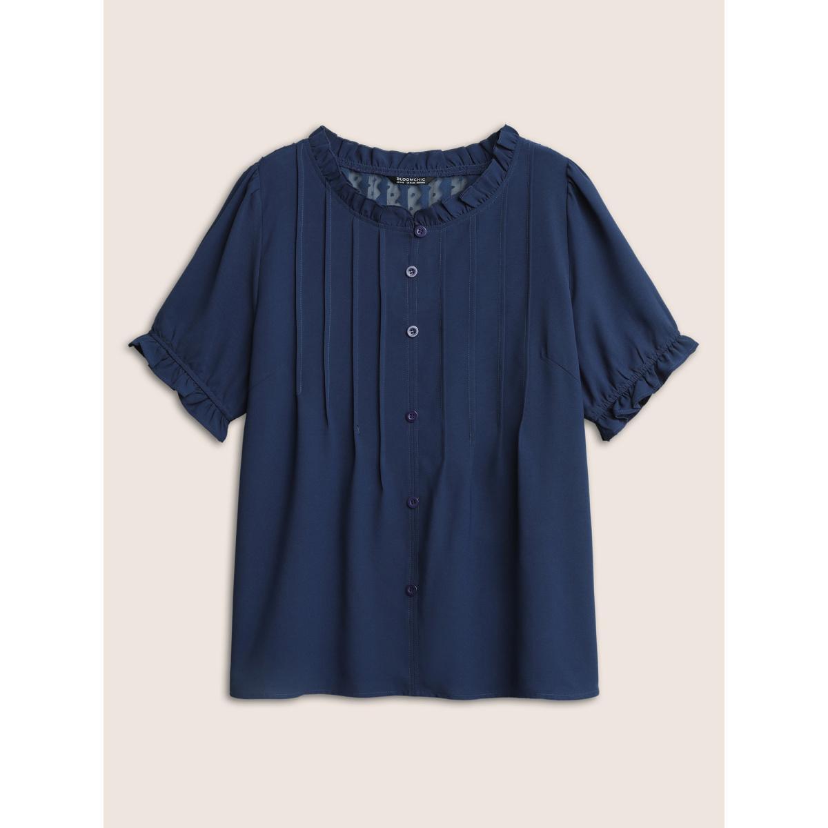 Plus Size Indigo Plain Mesh Lace Patchwork Pleated Frill Trim Blouse Women Casual Short sleeve Stand-up collar Everyday Blouses BloomChic 12/L Product Image