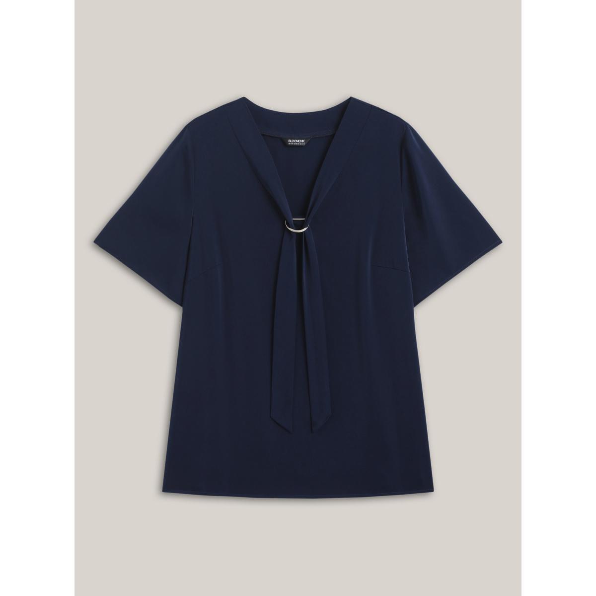 Plus Size Midnight Ribbon Neck Metallic Detail Solid Blouse Women Short sleeve Ribbon-tied collar Work Blouses BloomChic 18-20/2X Product Image