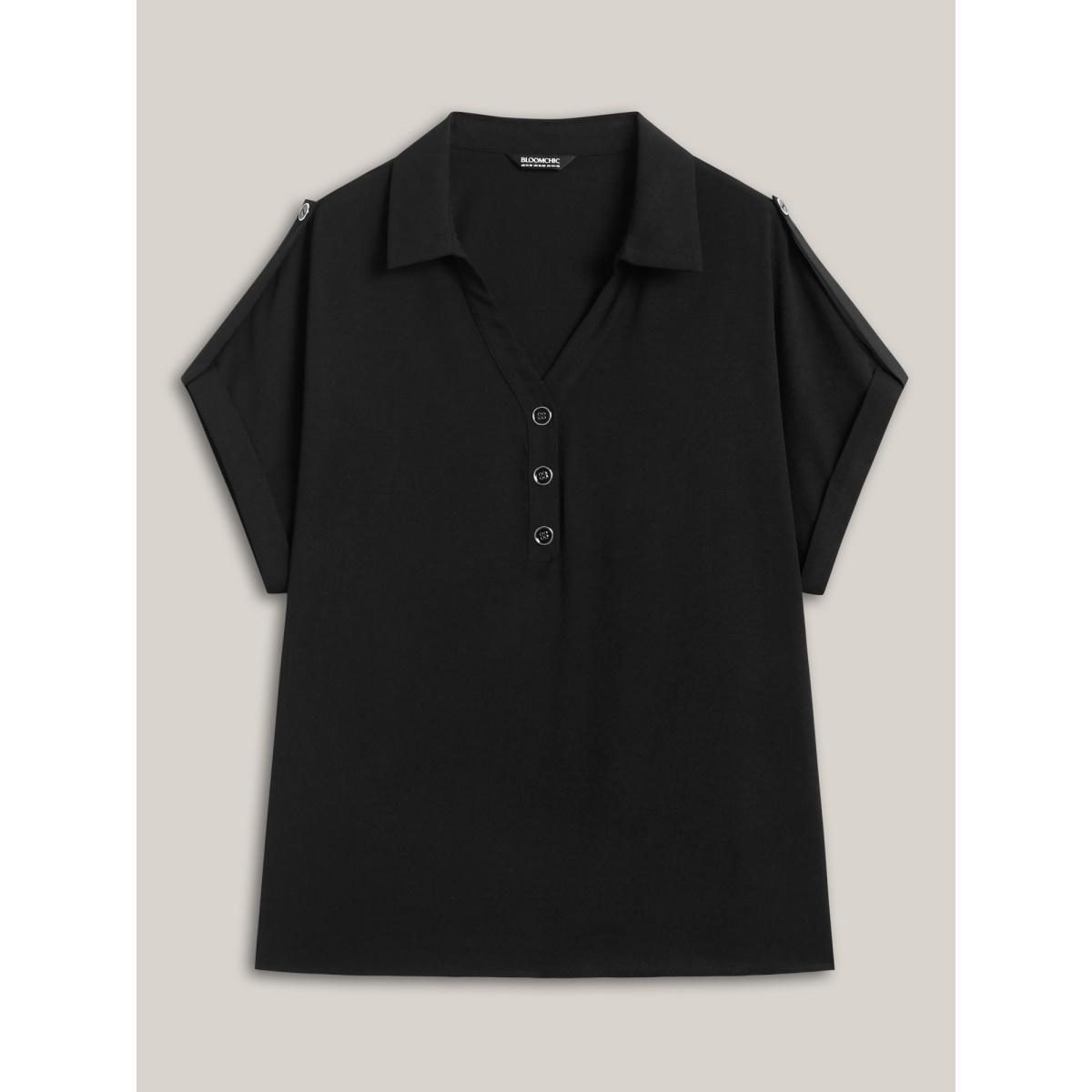 Plus Size Black Button Placket Tab Sleeve Blouse Women Short sleeve Shirt collar Work Blouses BloomChic 14-16/1X Product Image