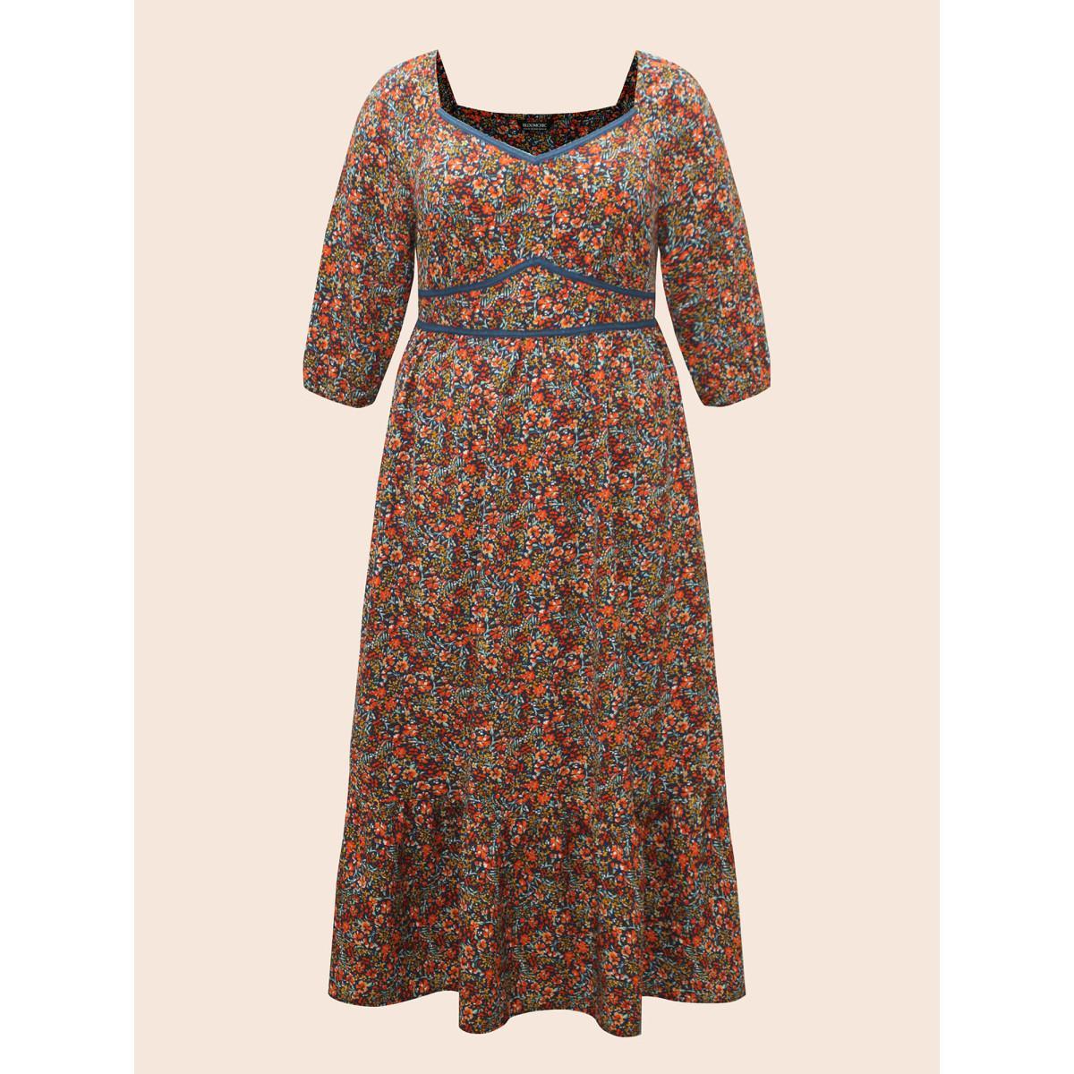 Plus Size Ditsy Floral Woven Ribbon Maxi Dress Navy Women Elegant Woven ribbon&lace trim Heart neckline Elbow-length sleeve Curvy BloomChic 10/M Product Image