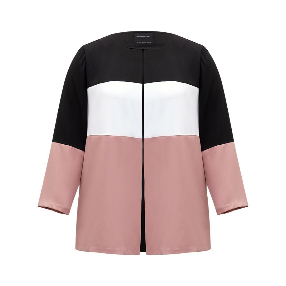 Plus Size Colorblock Contrast Open Front Pocket Coat Women Rouge Casual Contrast Ladies Dailywear Winter Coats BloomChic 18-20/2X Product Image