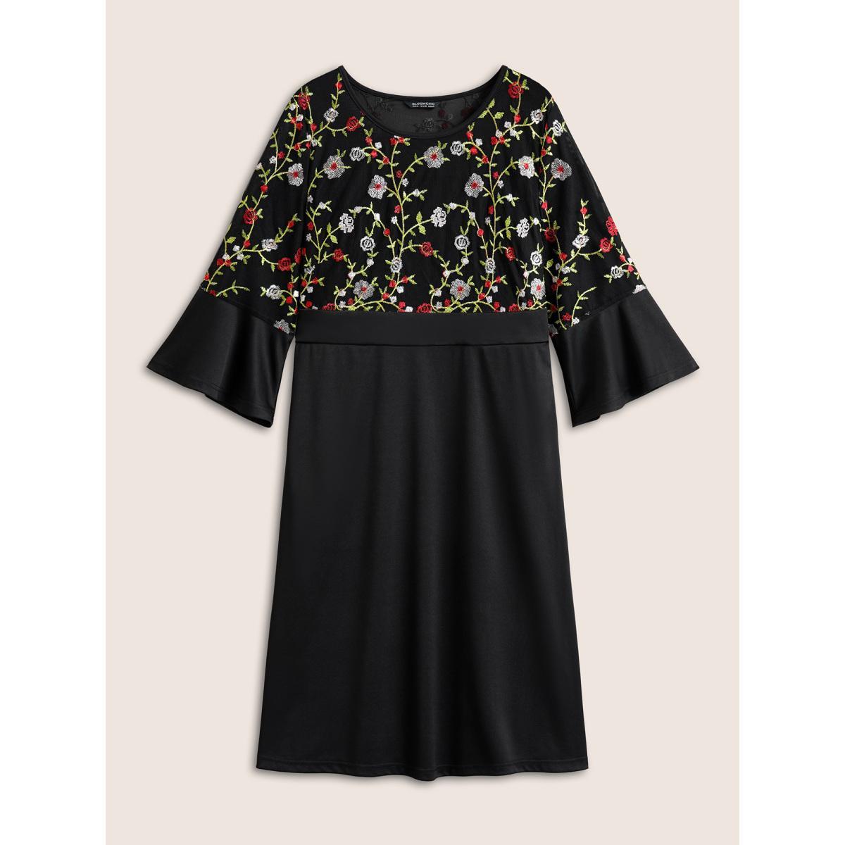 Plus Size Floral Embroidered Pocket Mesh Patchwork Dress Black Women Cocktail Non Round Neck Elbow-length sleeve Curvy Midi Dress BloomChic 14-16/1X Product Image