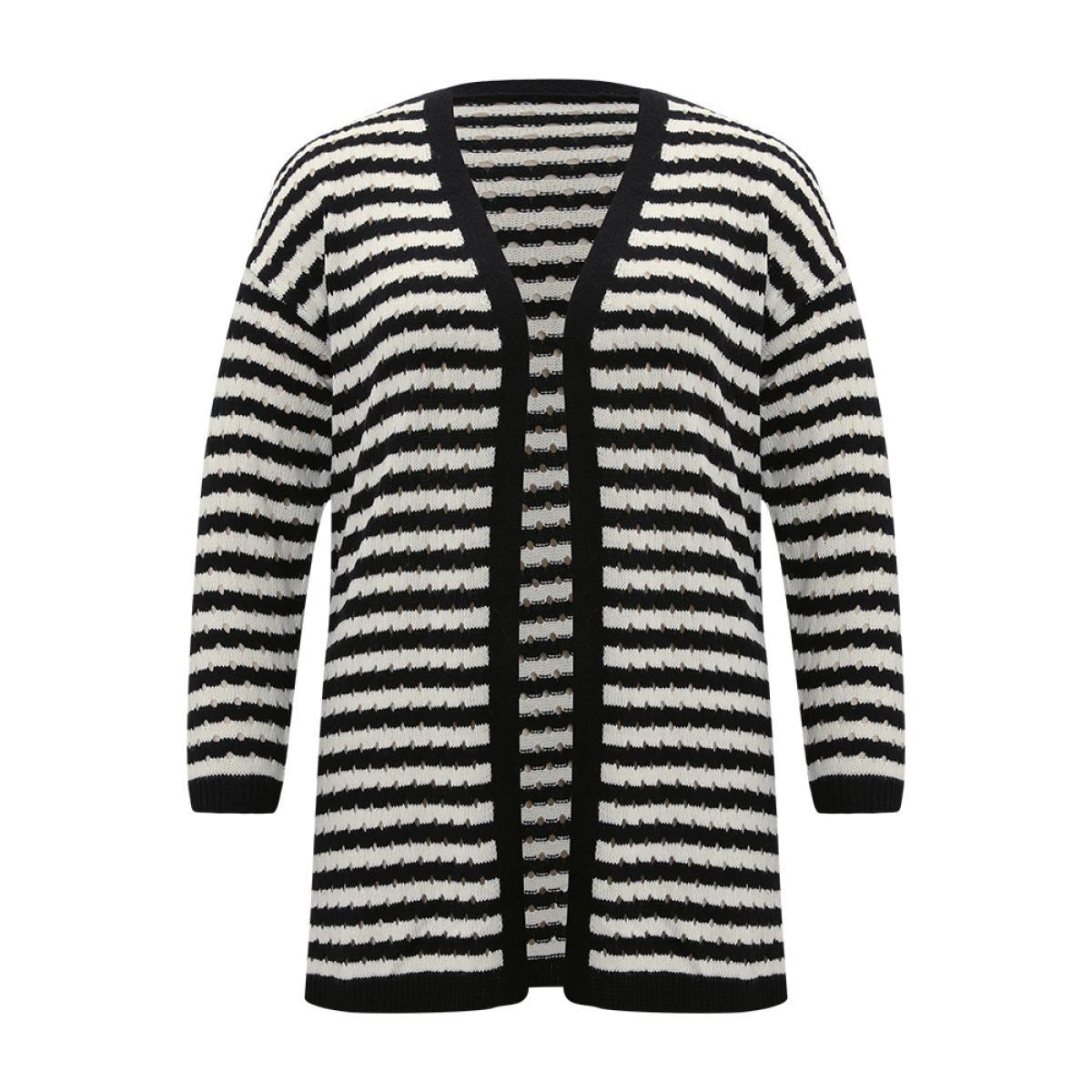 Plus Size Striped Geo Eyelet Drop Shoulder Cardigan Black Women Casual Loose Long Sleeve Dailywear Cardigans BloomChic 22-24/3X Product Image