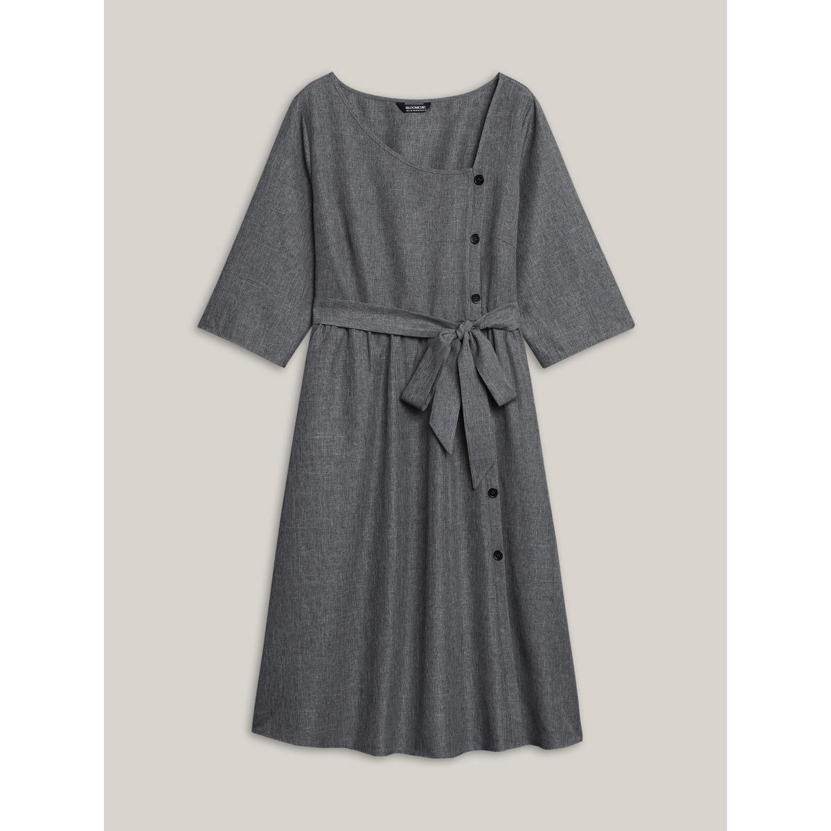 Plus Size Asymmetrical Neckline Belted Pockets Midi Dress DarkGray Women At the Office Belted Asymmetrical Neck Elbow-length sleeve Curvy BloomChic 14-16/1X Product Image