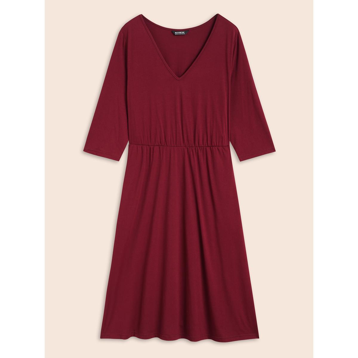 Plus Size Solid V Neck Elastic Waist Midi Dress Burgundy Women Casual Non V-neck Elbow-length sleeve Curvy BloomChic 28/5X Product Image