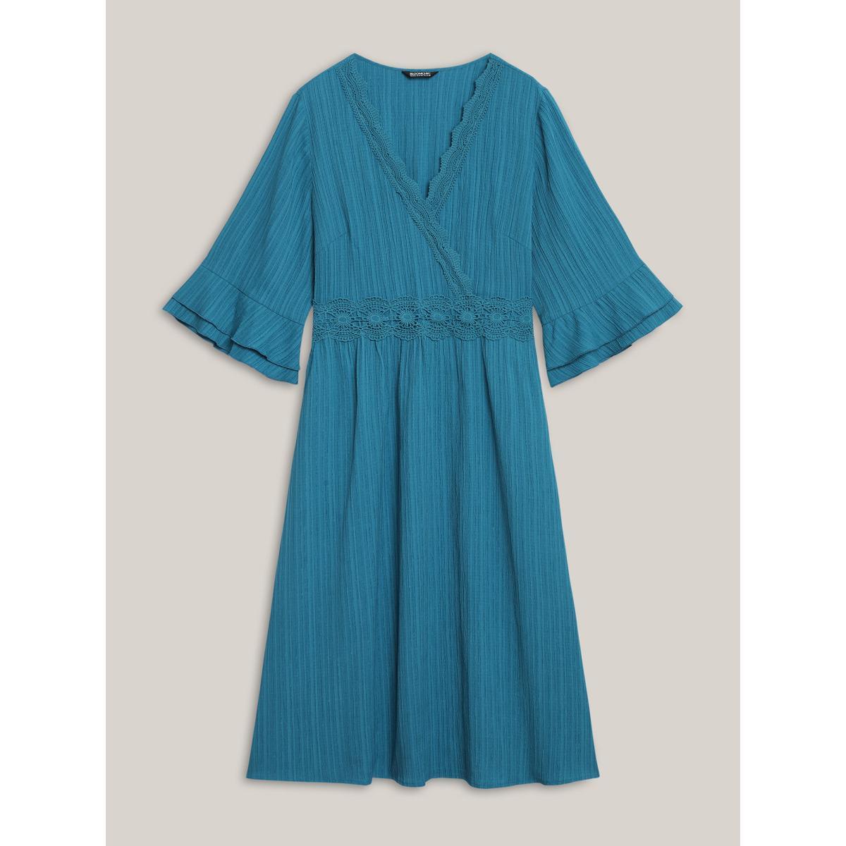 Plus Size Scalloped Lace Surplice Ruffled Midi Dress Teal Women Overlap Collar Elbow-length sleeve Curvy BloomChic 18-20/2X Product Image
