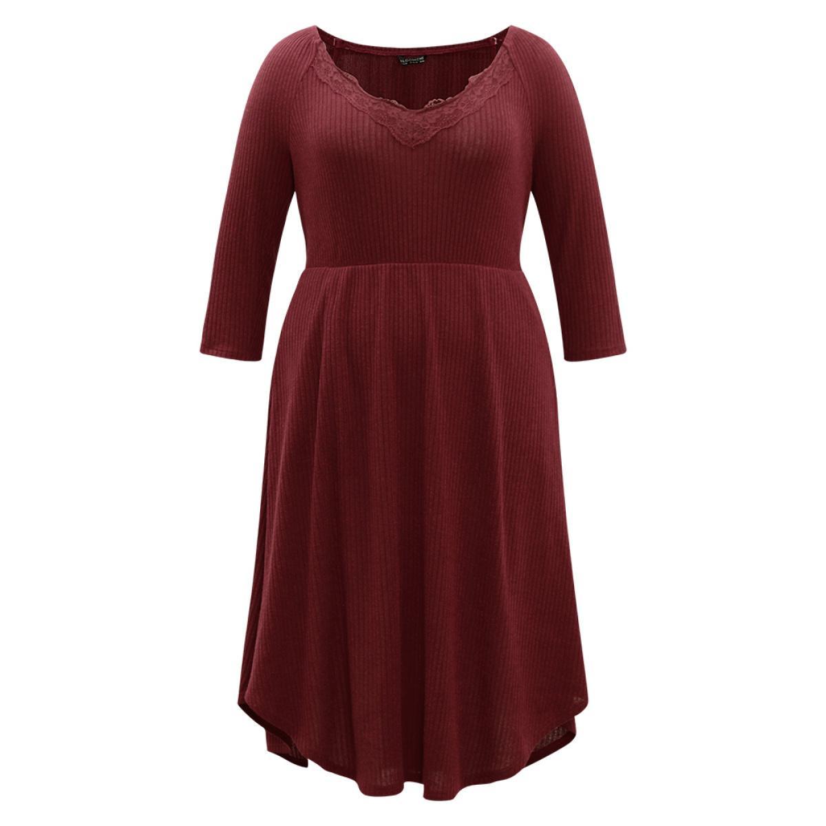 Plus Size Solid Rib Knit Lace Insert Dress Burgundy Women Elegant Rib Knit V-neck Long Sleeve Curvy Midi Dress BloomChic 14-16/1X Product Image