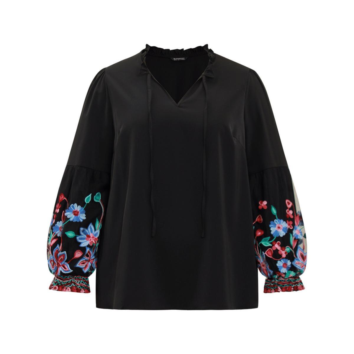 Plus Size Black Floral Embroidered Mesh Tie Neck Ruffles Blouse Women Elegant Long Sleeve Tie Neck Party Blouses BloomChic 14-16/1X Product Image