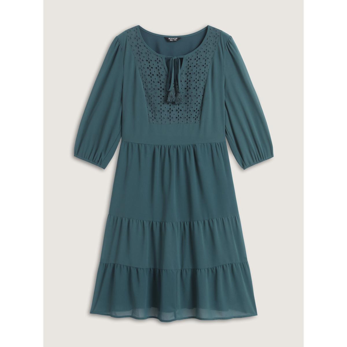 Plus Size Texture Tiered Tassel Solid Midi Dress Cyan Women Tie knot Flat collar Long Sleeve Curvy BloomChic 30/6X Product Image